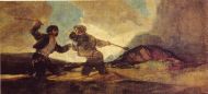 Two men fighting with clubs